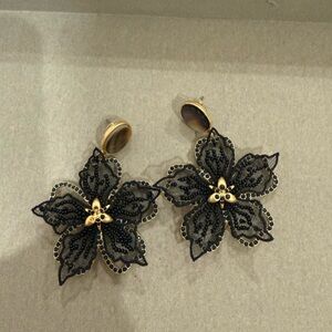 Mignonne Gavigan Black Floral Lace Drop Earrings with Gold Accents